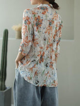 Vintage Floral Three-Quarter Sleeve Stand Collar Shirt